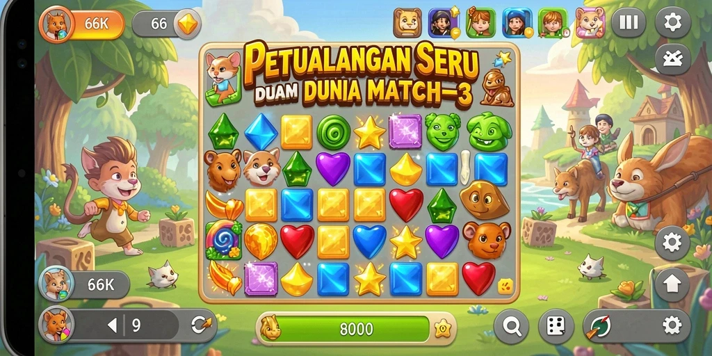Screenshot gameplay 66K menampilkan aksi mencocokkan permata yang seru.