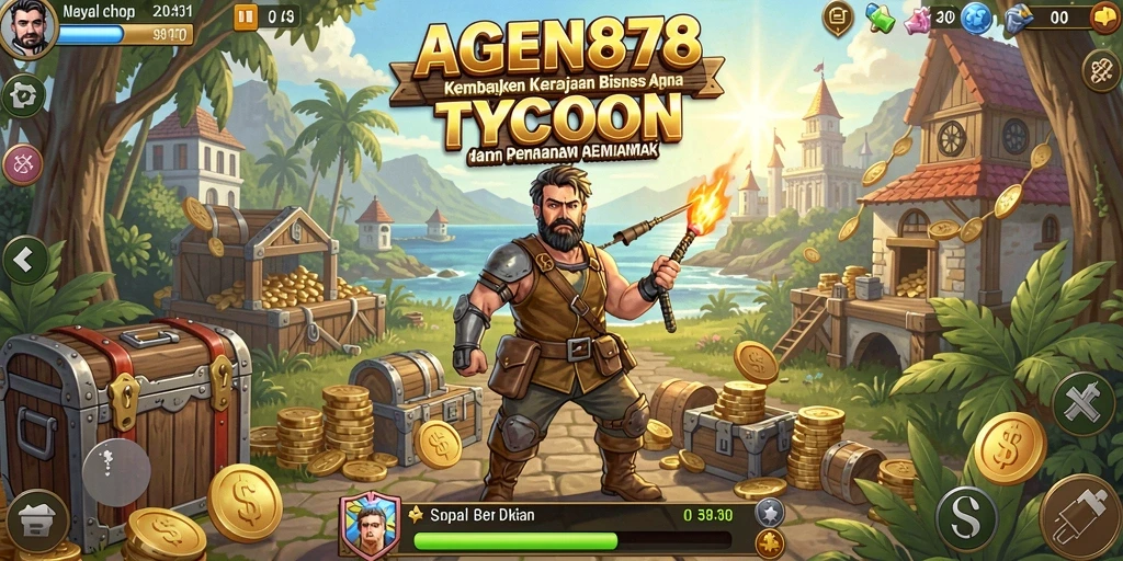 Screenshot gameplay AGEN878 menampilkan tengahnya membangun kerajaan bisnis.