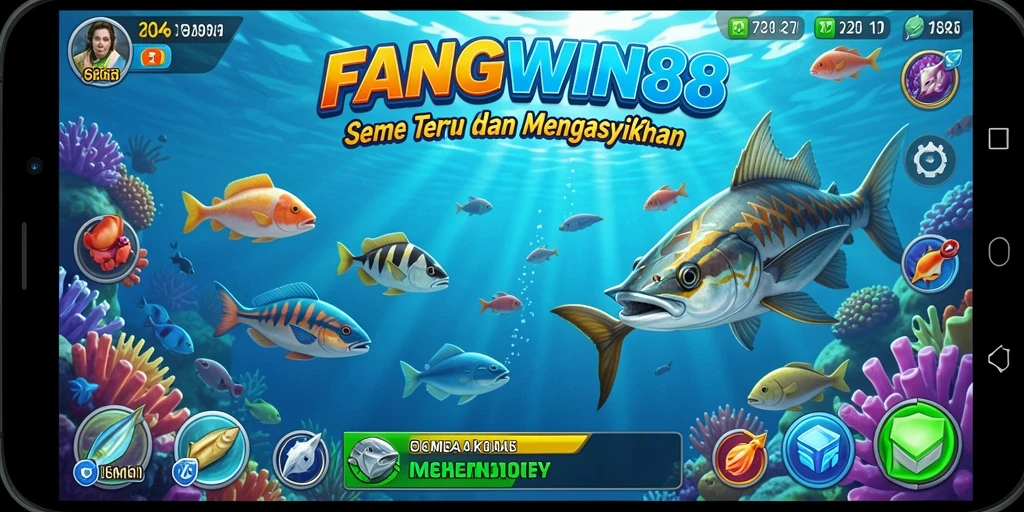 Screenshot utama FANGWIN88 menampilkan aksi mendebarkan menembak ikan.