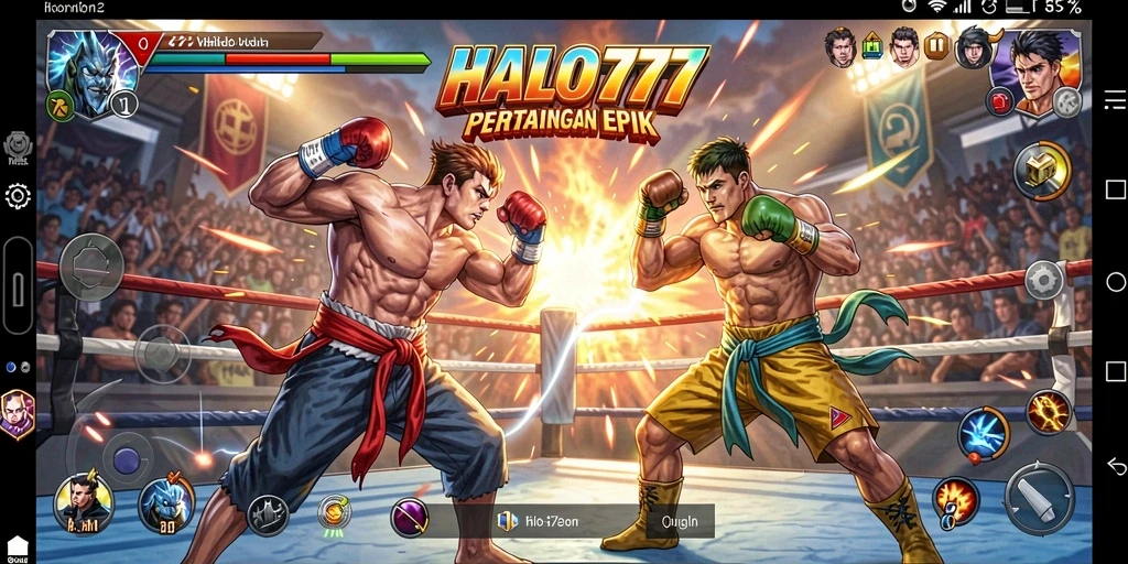Screenshot HALO777 menunjukkan pertarungan seru antara dua karakter petarung.