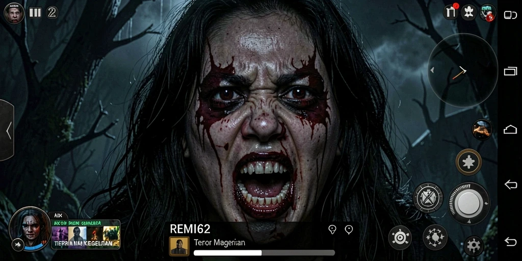 Tampilan gameplay REMI62 yang menegangkan dengan suasana seram.