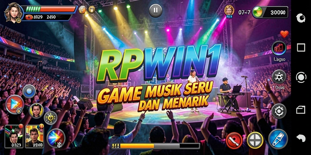 Screenshot menampilkan gameplay RPWIN1 dengan aksi penuh musik dan tarian.