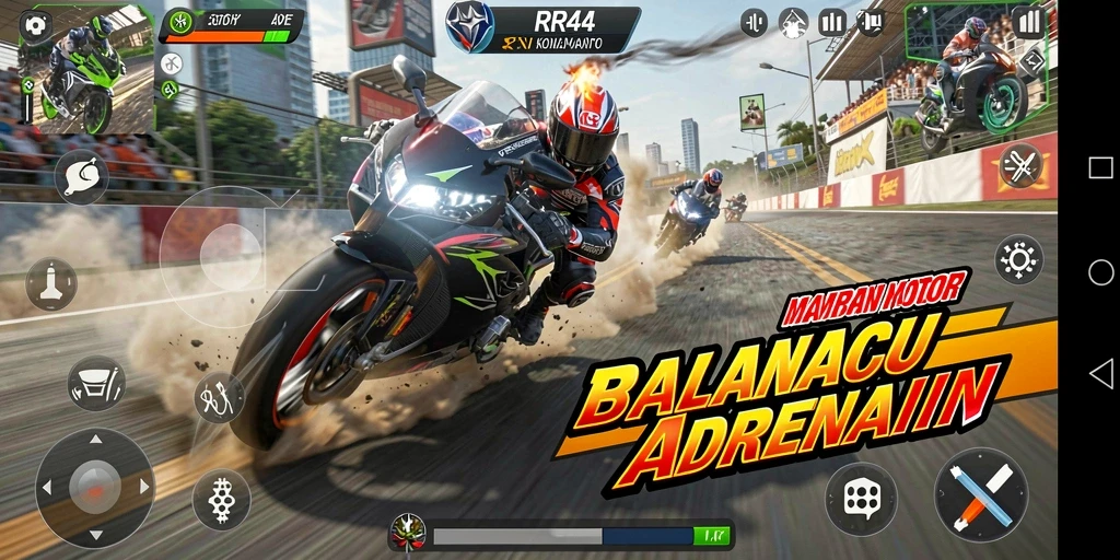 Screenshot gameplay menunjukkan balapan motor yang mendebarkan di trek yang menarik.