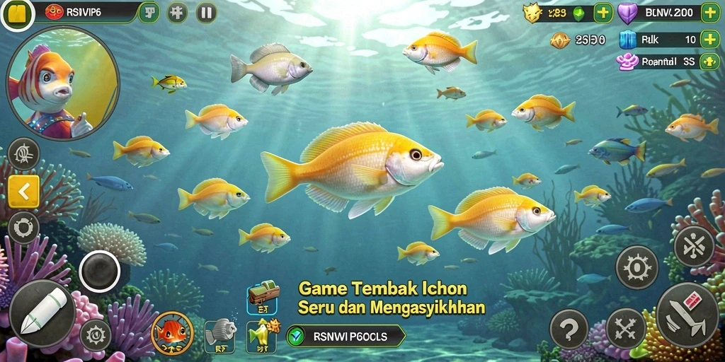 Screenshot gameplay RSNVIP6 menampilkan aksi seru menembak ikan.