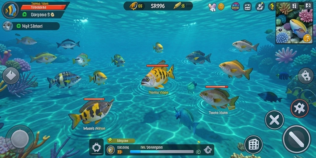 Tampilan gameplay SR996 dengan aksi menembak ikan yang intens.