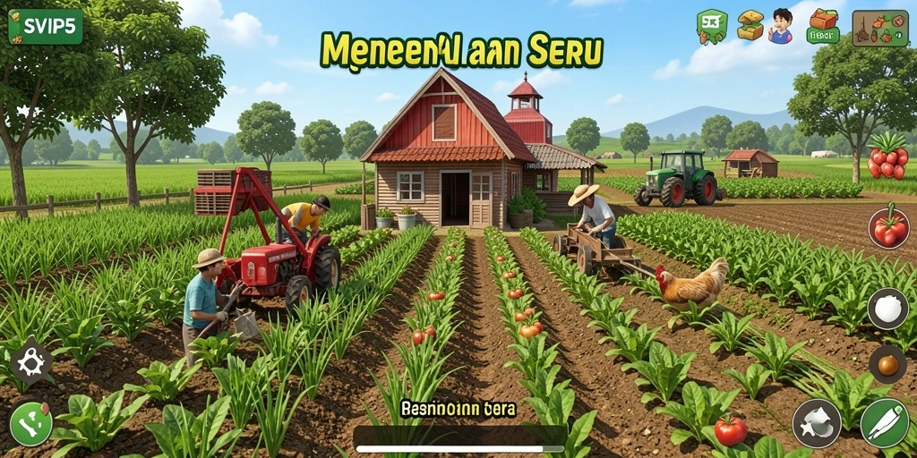 Tampilan screenshot gameplay SVIP5 menampilkan pertanian yang rimbun dan hewan ternak.